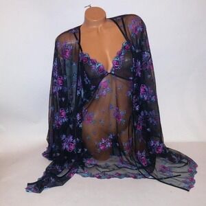Victoria Secret Robe & Gown Set Robe Chemise Black Multi Floral Embroide